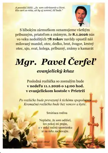 Vo veku 78 rokov zomrel brat farár Pavel Čerfeľ