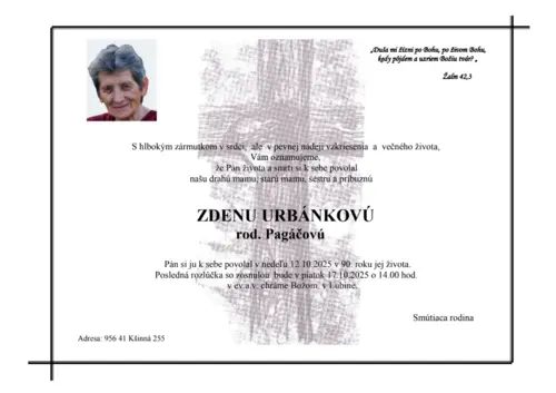 Zomrela naša spolusestra Zdena Urbánková