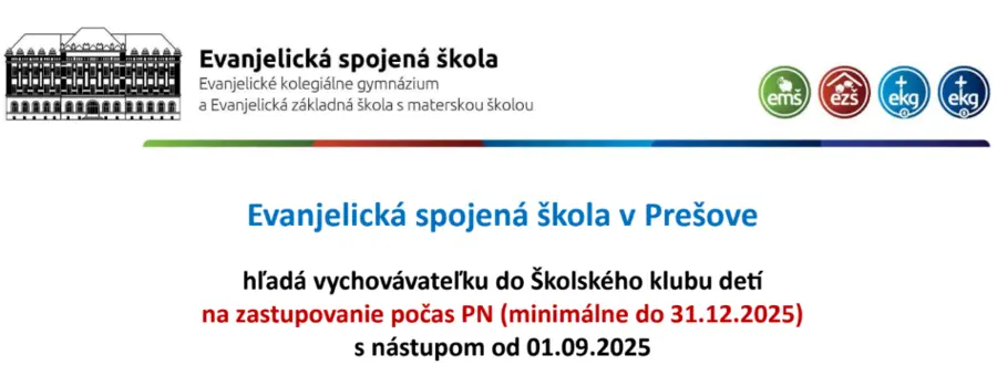 Evanjelická spojená škola v Prešove hľadá vychovávateľku 