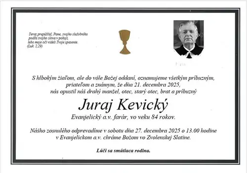 Zomrel evanjelický a. v. farár, Juraj Kevický