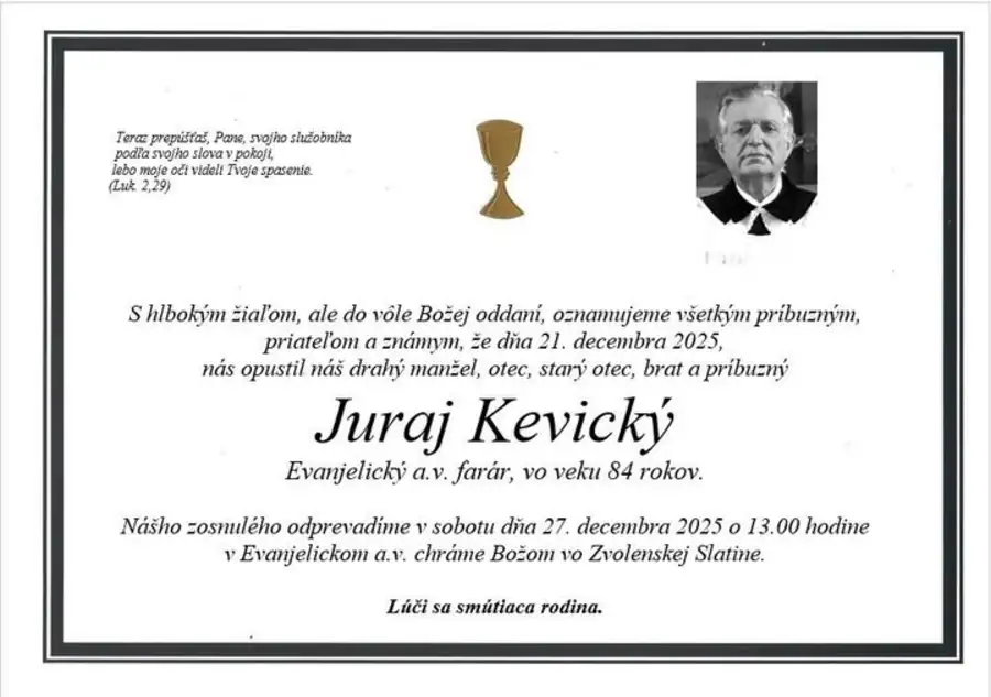 Zomrel evanjelický a. v. farár, Juraj Kevický