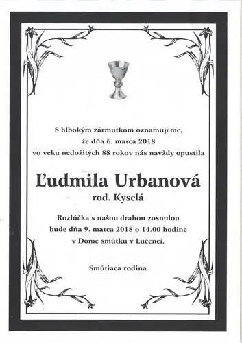 Zomrela sestra Ľudmila Urbanová 