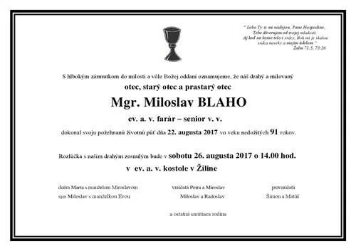 Pohrebná rozlúčka s bratom farárom – seniorom v. v.  Mgr. Miloslavom Blahom