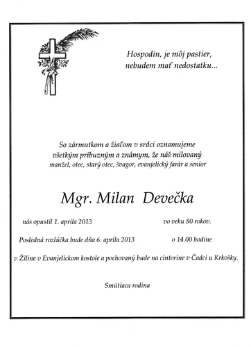 Zomrel brat farár Mgr. Milan Devečka 