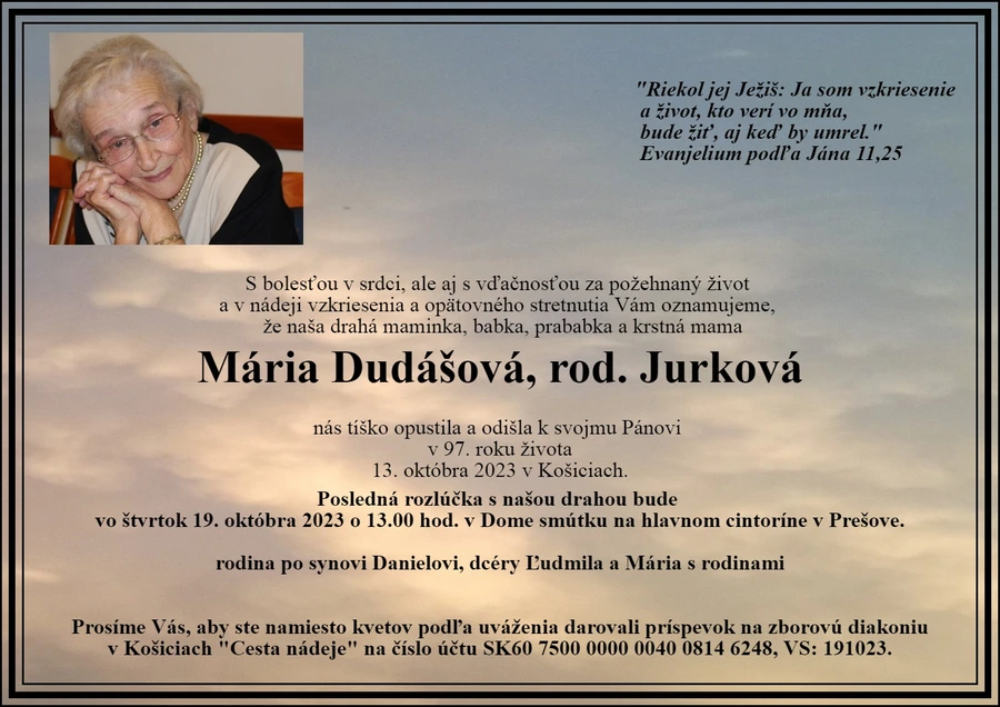 Zomrela Mária Dudášová, rod. Jurková