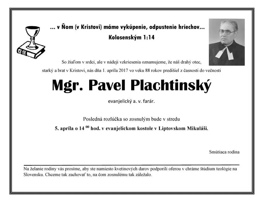 Zomrel brat farár Mgr. Pavel Plachtinský