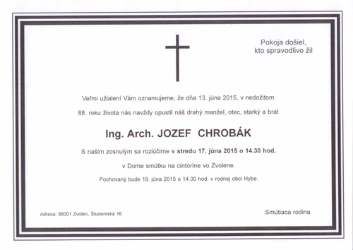 Zomrel prof. Ing. arch. Jozef Chrobák