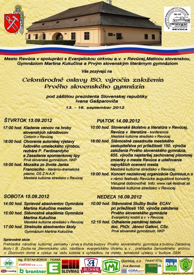 Oslavy 150. výročia založenia Slovenského ev. a. v. patronátneho gymnázia v Revúcej