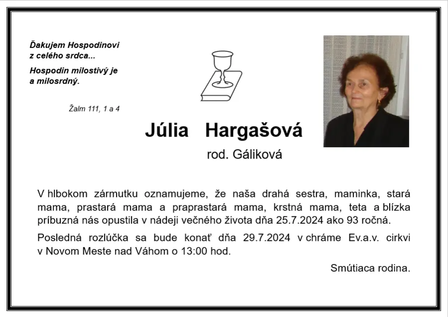Zomrela Júlia Hargašová